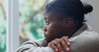 Buy stock photo Black woman, anxiety and window in living room for reflection, overthinking or loss with pressure. Trauma, memory or female person with depression in home with stress for mental health crisis
