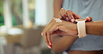 Fitness, hands and smart watch with person in home living room for improvement or progress. App, space and tracking with woman in apartment for health, heart rate monitoring or wellness update