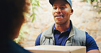 Logistics, package or people outdoor with delivery, box handover or doorstep service at home. Distribution, person or dispatch agent at house with parcel, shipment or courier drop off in supply chain