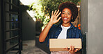 Logistics, package delivery and black woman with wave, bye gesture or doorstep service at home. Farewell, happy and person at gate with box, thank you sign or courier drop off in supply chain.