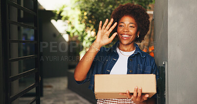 Buy stock photo Logistics, package delivery and black woman with wave, bye gesture or doorstep service at home. Farewell, happy and person at gate with box, thank you sign or courier drop off in supply chain.