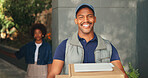 Logistics, portrait or delivery man outdoor with package, positive attitude or doorstep service at home. Happy, people or dispatch agent with parcel, distribution or courier drop off in supply chain.