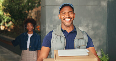 Buy stock photo Logistics, portrait or delivery man outdoor with package, positive attitude or doorstep service at home. Happy, people or dispatch agent with parcel, distribution or courier drop off in supply chain.