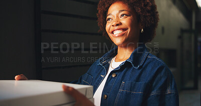 Buy stock photo Box, delivery and smile of black woman at front door for home logistics or order shipping. Courier service, package and thank you with happy person at entrance to apartment for online shopping