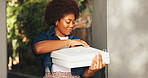 Box, pizza delivery and woman at entrance to home for food order or takeaway service. Courier, meal and package with happy customer at front door of apartment for consumerism, purchase or receiving
