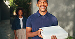 Happy, portrait and delivery man with box for fast food by home for meal, dinner or ecommerce. Smile, package and courier worker with pizza order for distribution or logistics coordination at house.