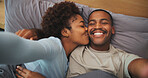 Kiss, portrait and selfie with black couple in bed at apartment together for bonding, connection or rest. Affection, morning and photograph with happy people in bedroom of home for holiday memories