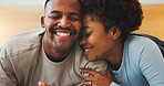 Love, relax and smile with black couple in bedroom of home together for bonding, connection or rest. Affection, morning and wake up with happy people on bed in apartment for break, holiday or romance