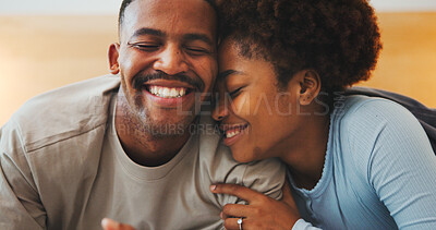 Buy stock photo Love, relax and smile with black couple in bedroom of home together for bonding, connection or rest. Affection, morning and wake up with happy people on bed in apartment for break, holiday or romance