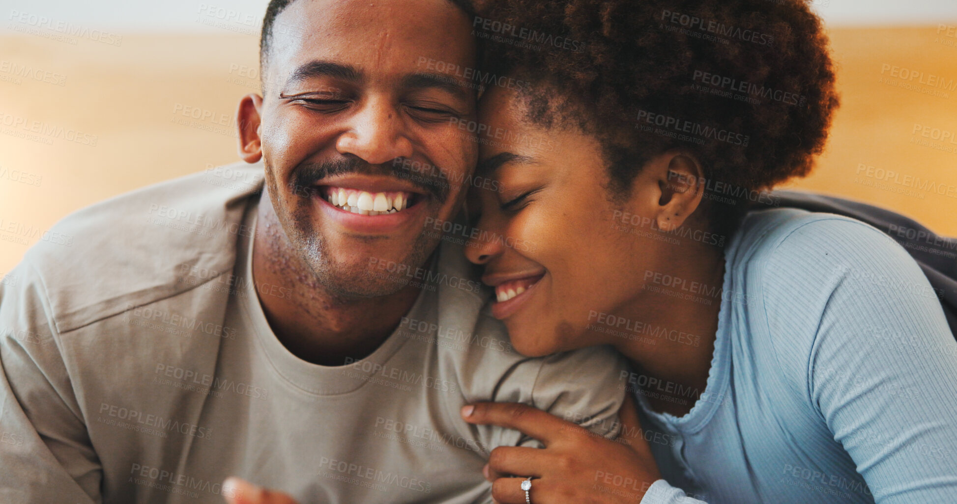 Buy stock photo Love, relax and smile with black couple in bedroom of home together for bonding, connection or rest. Affection, morning and wake up with happy people on bed in apartment for break, holiday or romance