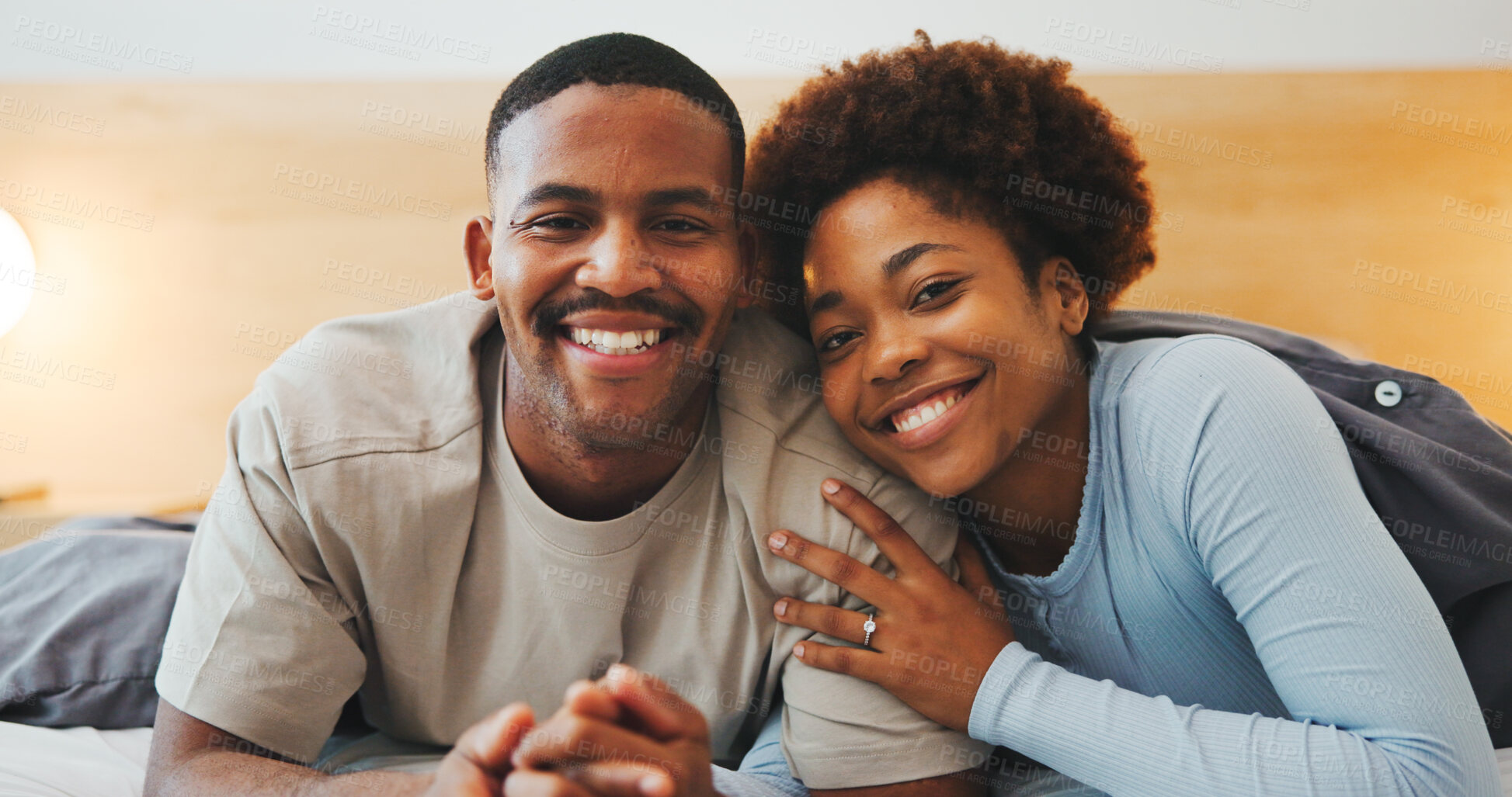 Buy stock photo Love, portrait and relax with black couple in bed at apartment together for bonding, connection or rest. Affection, morning and smile with happy people in home bedroom for break, holiday or romance