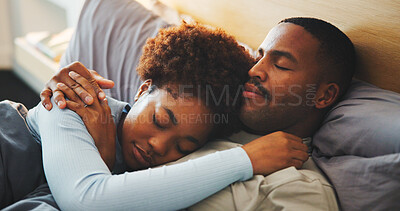 Buy stock photo Love, relax and sleeping with black couple in bed at apartment together for bonding, connection or rest. Affection, morning and hug with calm people in bedroom of home for break, holiday or romance