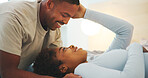 Love, moment and relax with black couple in bed at apartment together for bonding, connection or rest. Morning, smile and wake up with happy people in bedroom of home for break, holiday or romance