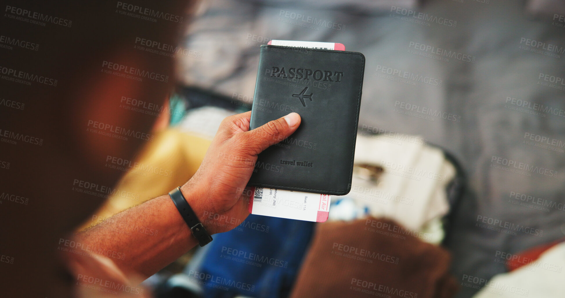 Buy stock photo Travel, hand and person in house with passport, trip ticket and documentation with luggage. Tourist, identity book and information in home for holiday preparation, boarding pass and vacation permit