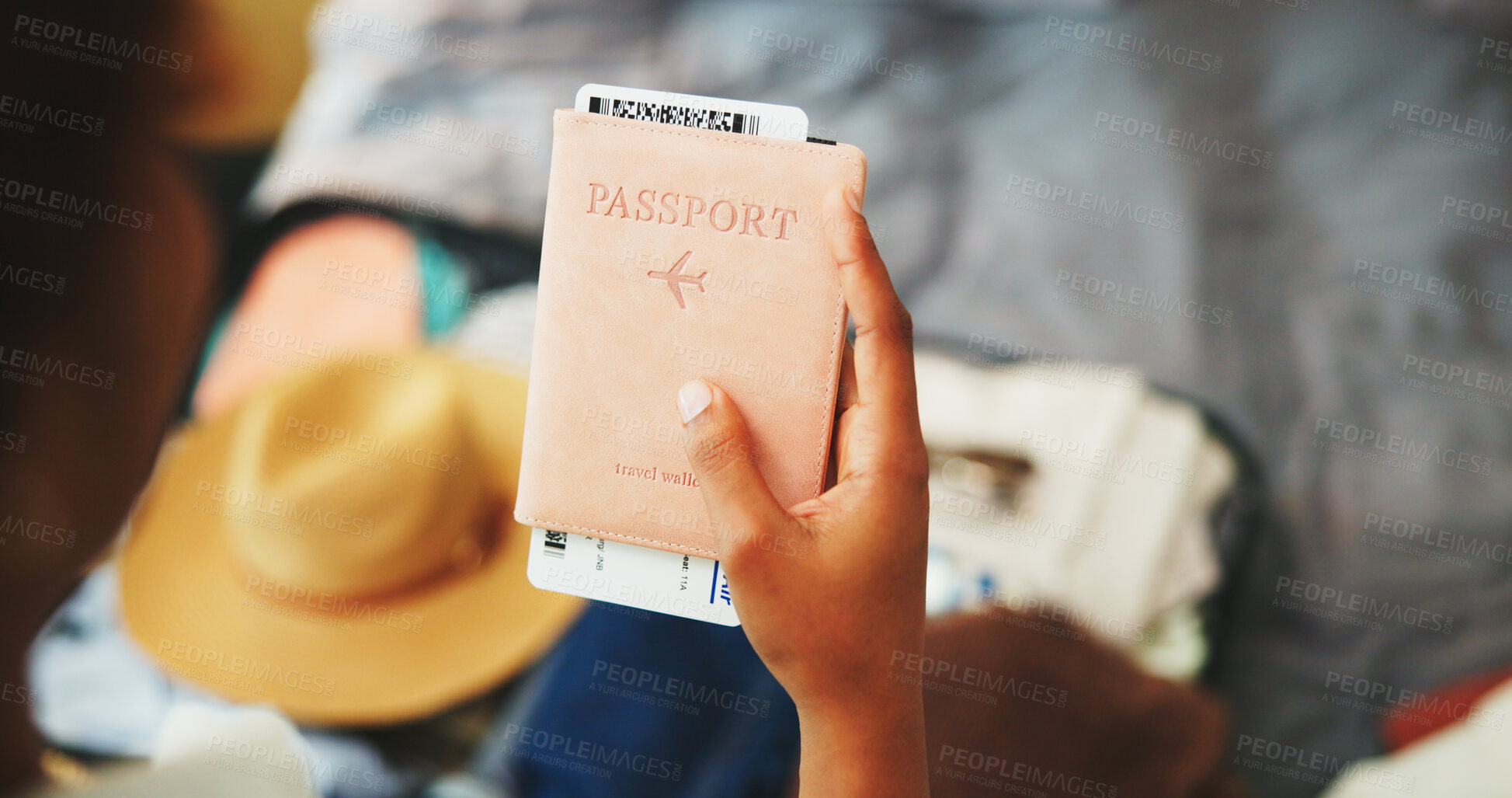 Buy stock photo Travel, hand and person in home with passport, trip ticket and documentation with luggage. Tourist, identity book and information in house for holiday preparation, schedule and vacation permit