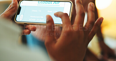 Buy stock photo Travel, hands and person with phone screen for ticket, online checkin and confirm flight info. Tourist, tech display and network in home with agency website, efficient service or digital registration