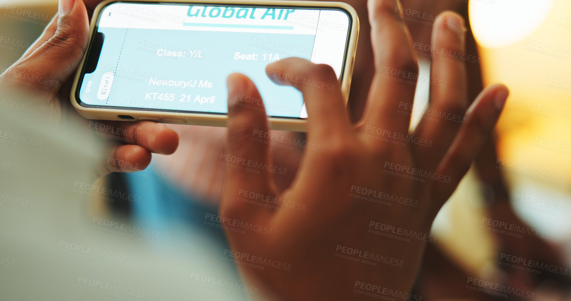 Buy stock photo Travel, hands and person with phone screen for ticket, online checkin and confirm flight info. Tourist, tech display and network in home with agency website, efficient service or digital registration