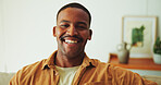 Wellness, happy and black man on couch with portrait, positive attitude and optimism on day off. Wellbeing, smile and person in home with good mood, confidence and satisfaction in living room.