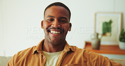 Buy stock photo Wellness, happy and black man on couch with portrait, positive attitude and optimism on day off. Wellbeing, smile and person in home with good mood, confidence and satisfaction in living room.