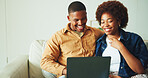 Smile, relax and couple in home with laptop, research and browsing website with comedy film. Happy, African people and laugh at house with pc, streaming movies and bonding together for weekend break