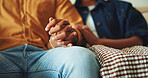 Love, care or couple in house with hand holding, partner loyalty or bonding together in connection. Tender, comfort or people with security, romantic moment or commitment in healthy relationship.