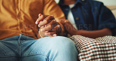 Buy stock photo Love, care or couple in house with hand holding, partner loyalty or bonding together in connection. Tender, comfort or people with security, romantic moment or commitment in healthy relationship.