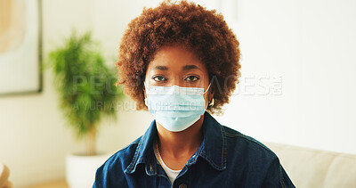 Buy stock photo Face mask, portrait and virus with black woman in home living room for prevention of infection. Healthcare, protection and safety with person on sofa in apartment for compliance or regulations