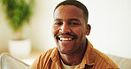 Wellness, happy and black man on sofa with portrait, positive attitude and optimism on day off. Wellbeing, smile and person in house with good mood, confidence and satisfaction in living room.