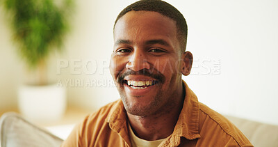 Buy stock photo Wellness, happy and black man on sofa with portrait, positive attitude and optimism on day off. Wellbeing, smile and person in house with good mood, confidence and satisfaction in living room.
