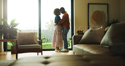 Buy stock photo Love, care or couple in house with hug, partner security or bonding together in connection. Tender, forehead touch or people with embrace, romantic moment or commitment in healthy relationship.