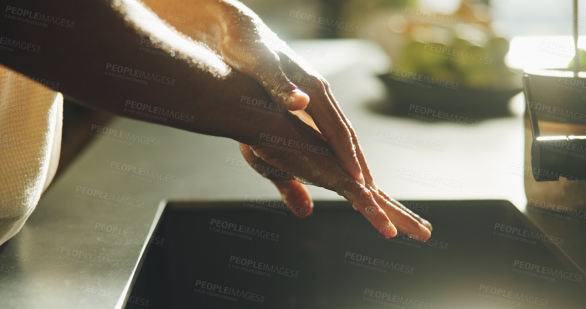 Buy stock photo Washing, hands and person in home for hygiene, cleanliness and remove dirt for disinfection. Soap, foam and cleaning in kitchen for sanitation, antibacterial bubbles and grooming for germs prevention