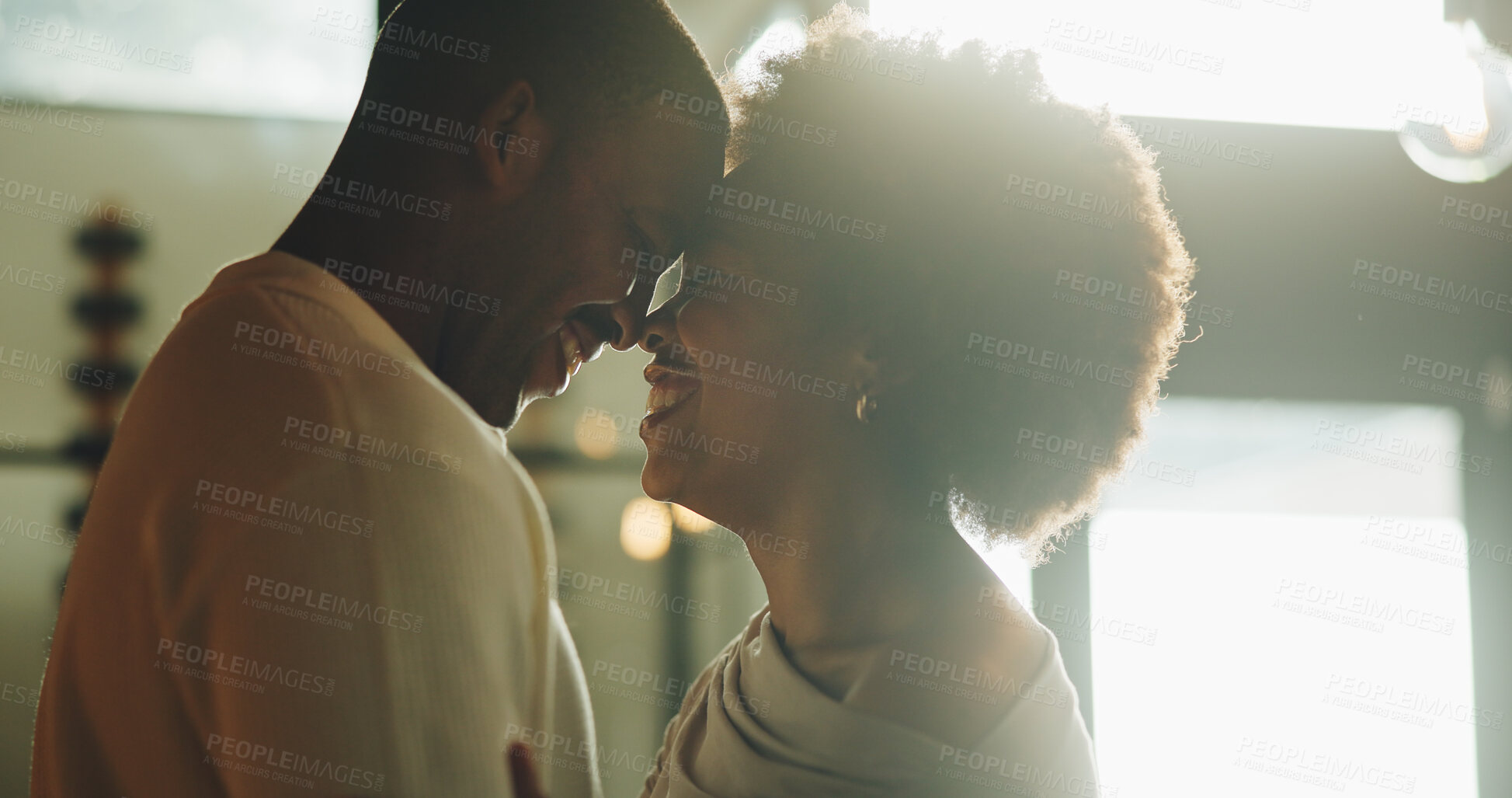 Buy stock photo Laughing, couple and bonding on break, home and commitment for relationship, love and forehead touch. Happy, black people and connection with partner on weekend, support and romance in apartment