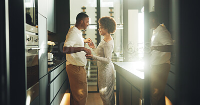 Buy stock photo Happy couple, dance and holding hands in home, love and commitment for marriage, affection and trust. Black people, smile and rhythm with partner, care and romance on weekend or celebration in house