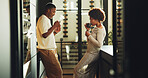 Morning, couple and drinking coffee in kitchen with bonding together, love and relationship commitment. Married, black people and drink tea in home with smile, care and connection on weekend break.