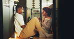 Morning, coffee and couple in kitchen with conversation, bonding together and smile for connection. Space, married black people and relax in home with warm drink, care or discussion on weekend break.