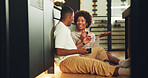 Morning, coffee and couple in kitchen with discussion, bonding together and smile for connection. Happy, married black people and relax in home with warm drink, care or conversation on weekend break.