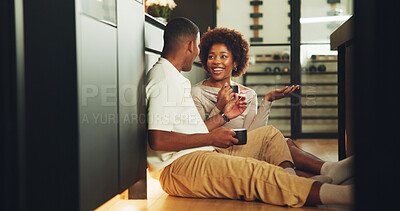 Buy stock photo Morning, coffee and couple in kitchen with discussion, bonding together and smile for connection. Happy, married black people and relax in home with warm drink, care or conversation on weekend break.