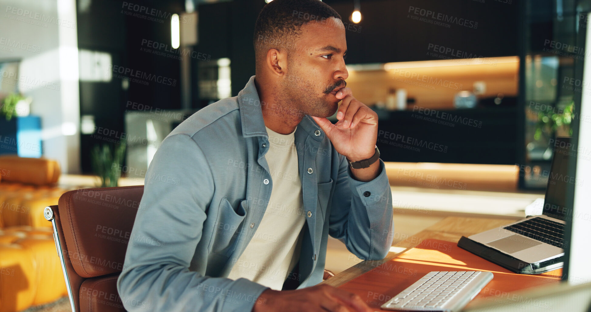 Buy stock photo Man, thinking and remote work in home with computer, planning creative project and marketing campaign. Freelancer, black person and problem solving in house with pc, online advertising and research.