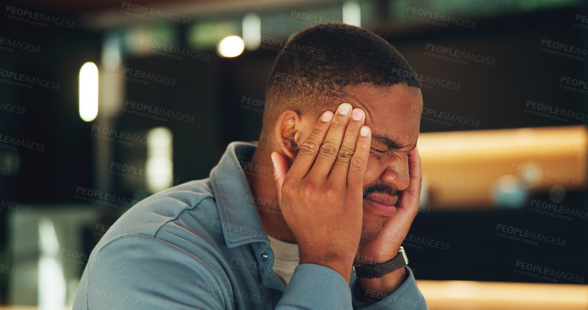 Buy stock photo Man, stress and headache in home with massage, medical problem and upset for unemployment struggle. Frustrated, black person and migraine in house with fatigue, burnout or challenge for jobless issue
