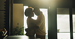 Couple, hug and bonding in home, love and commitment for relationship, affection and forehead touch. Black people, embrace and connection with partner on weekend, support and romance in apartment