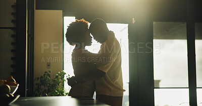 Buy stock photo Couple, hug and bonding in home, love and commitment for relationship, affection and forehead touch. Black people, embrace and connection with partner on weekend, support and romance in apartment