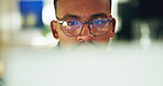 Glasses, reading and man with computer in office for social media marketing or viral analytics. Eyewear, marketer and black person with tech for campaign graphs, engagement stats or reflection