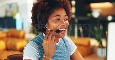 Buy stock photo Woman, headset and telemarketing in home with remote work, smile and talk to sell insurance premium. Happy, black person and freelance agent with tech, contact and discussion for lead generation.