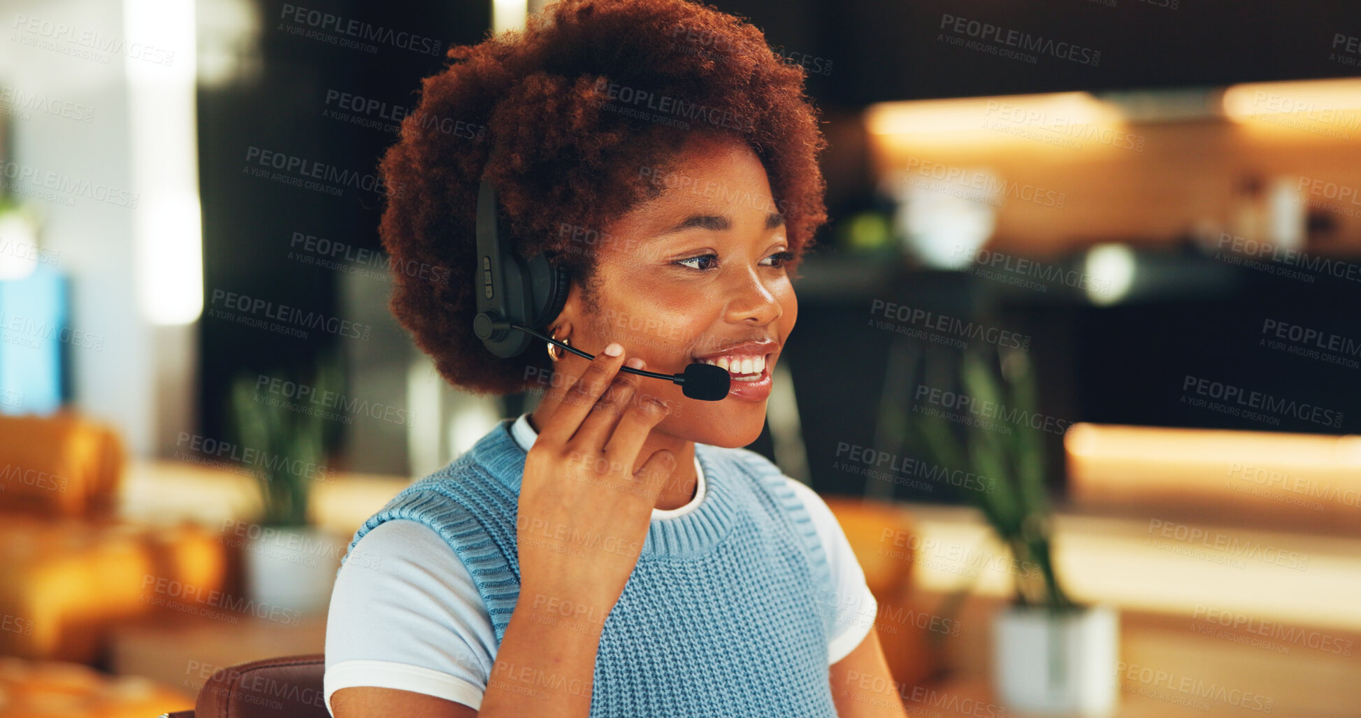 Buy stock photo Woman, headset and telemarketing in house with remote work, smile and talk to sell insurance premium. Happy, black person and freelance agent with tech, contact and discussion for lead generation.