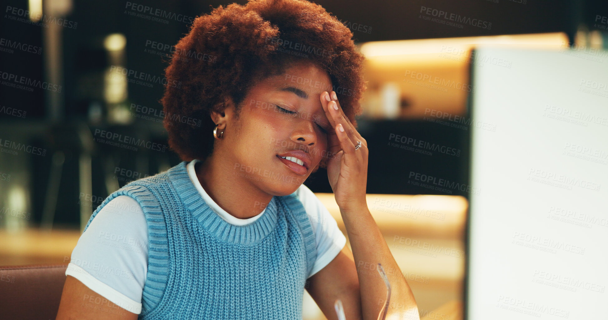 Buy stock photo Woman, headache and remote work in home with computer, burnout and challenge for creative project. Tired, black person and freelancer in house with desktop, migraine and stress for online job tasks.