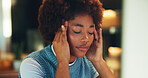 Woman, headache and remote work in house with computer, burnout and challenge for creative project. Tired, black person and freelancer in home with desktop, migraine and stress for online job tasks.