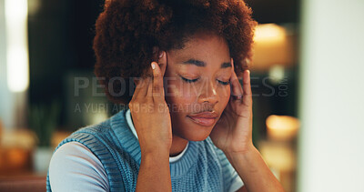 Buy stock photo Woman, headache and remote work in house with computer, burnout and challenge for creative project. Tired, black person and freelancer in home with desktop, migraine and stress for online job tasks.