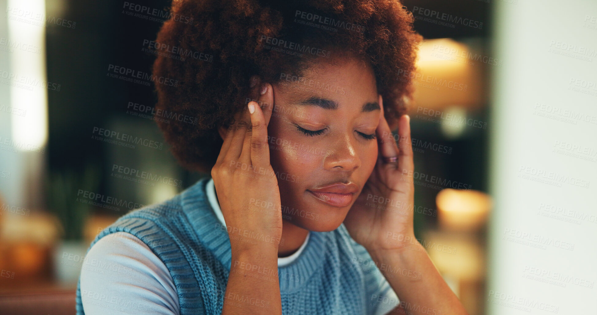 Buy stock photo Woman, headache and remote work in house with computer, burnout and challenge for creative project. Tired, black person and freelancer in home with desktop, migraine and stress for online job tasks.
