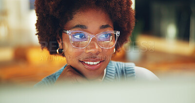 Buy stock photo Smile, woman and student in home with computer, research and studying for education. African person, glasses and reading at house with tech, scholarship and online application for university course
