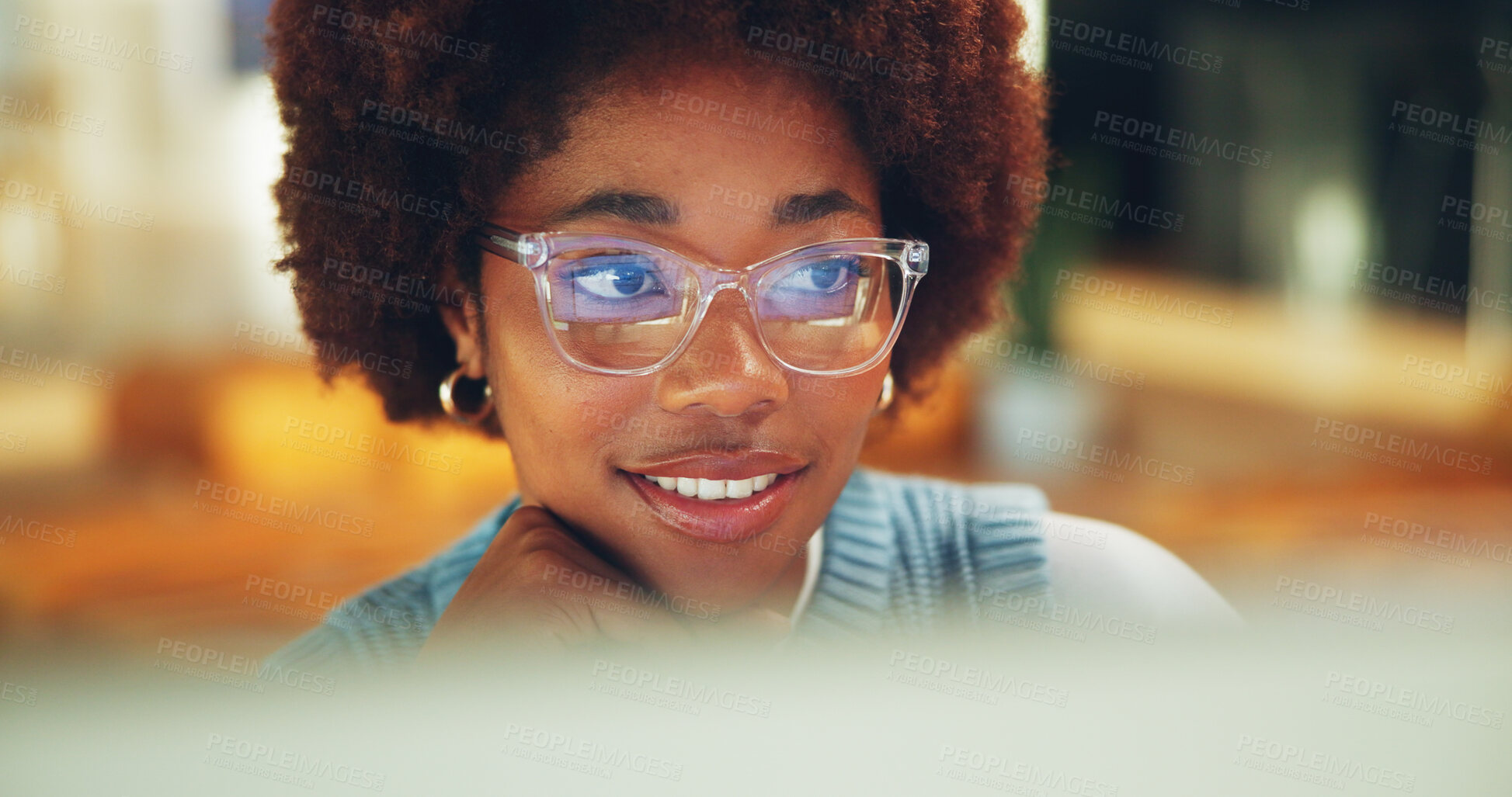 Buy stock photo Smile, woman and student in home with computer, research and studying for education. African person, glasses and reading at house with tech, scholarship and online application for university course